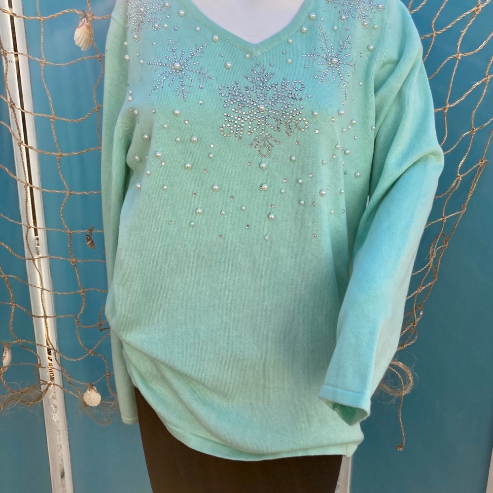 Women’s Pearl & Rhinestone Green Sweater